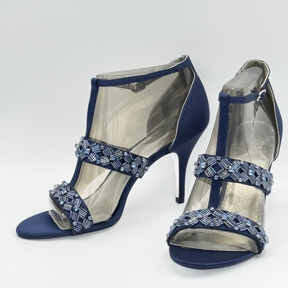 Adrianna Papell Navy Blue Embellished Beaded T Strap Heels Evening Party‎ Shoes